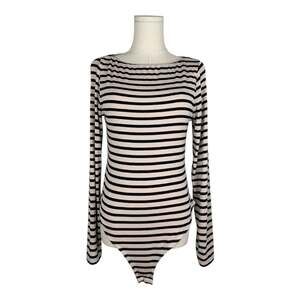 H&M Boat-neck Long Sleeve Striped Bodysuit in Light Beige/Black Large